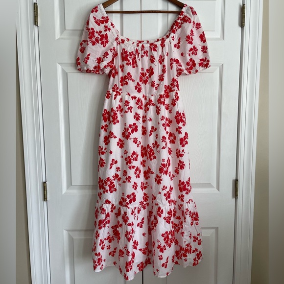 J. Crew Dresses & Skirts - J. Crew Floral Tiered Puff Sleeve Midi Dress Red White 8